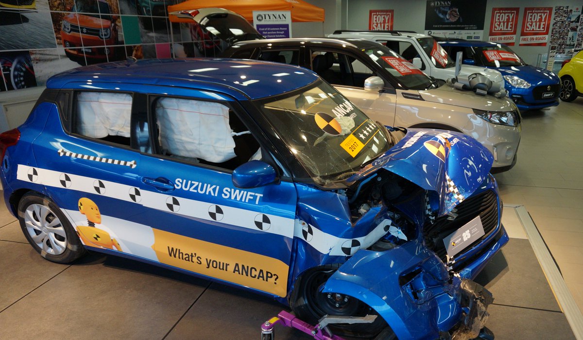 ANCAPsafety's tweet photo. Crash-tested @suzukioz #Swift now on display at @Tynan_Motors in Kirrawee. Pop on down to take a look at how it stacks up in the safety stakes https://t.co/Cducjx0yaD https://t.co/CyqMu8FscP