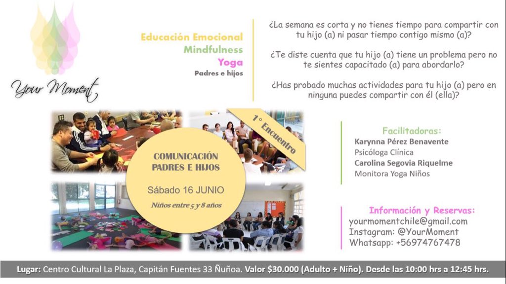 Karpeben's tweet photo. Amig@s @yourmomentchile es un espacio creado para fortalecer los lazos entre Padres e Hij@s. Los invitamos a participar de este encuentro el sábado 16/06/2018 a las 10:00hrs en Centro Cultural La Plaza. Síguenos en Instagram @YourMomentChile https://t.co/PhpVBWX6Z9