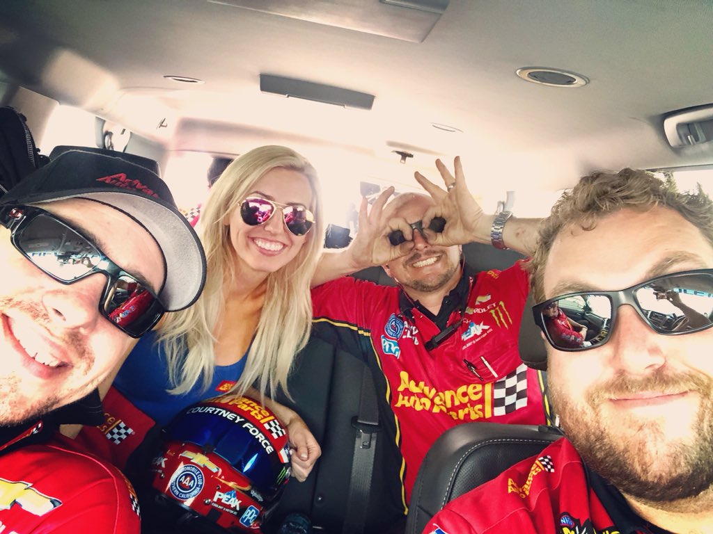 courtneyforce's tweet image. Waiting in the staging lanes w/the guys and the heat is gettin to us (or maybe just Tim).😓 We are eager &amp;amp; ready to run the final qualifying session! #AdvanceXForce #Goofs #ThisTeamTho
