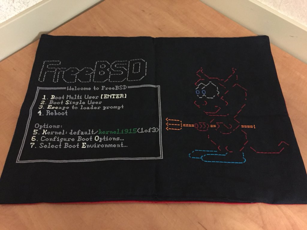 freebsdfrau's tweet photo. Nothing compares however to receiving a birthday gift from your colleagues, especially when it is a physical representation of your own work! This is mind blowing and I have Benedict Reuschling and anyone else involved (including pillow maker himself, Evripidis Themelis) to thank https://t.co/BIQHBXvdVx