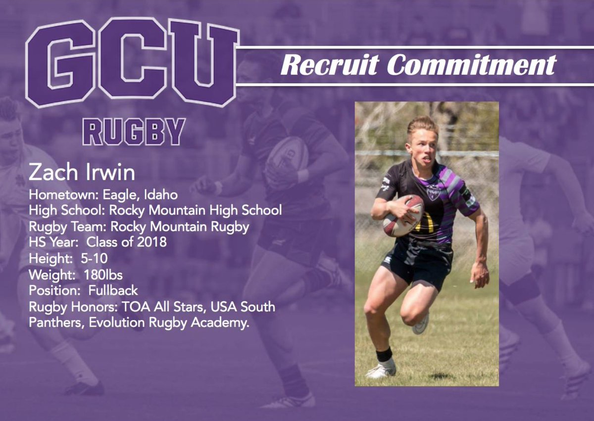 gcurugby's tweet photo. Continuing our 2018/19 recruiting class is Rocky Mountain Rugby and USA South Panthers fullback Zach Irwin from Eagle, ID. Welcome to the GCU Rugby family Zach!! #Lopesup #Lopesrising https://t.co/ILM4Dun6eu