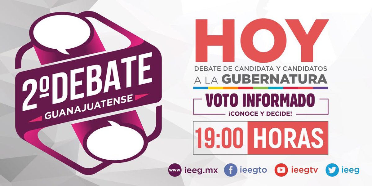 IEEG's tweet photo. ⏰A las 7:00 p.m. ¡sigue HOY el segundo #DebateGuanajuatense📣 de la candidata y los candidatos a la gubernatura del estado!

Tema: Economía y Desarrollo☑

¡Velo en vivo a través de nuestras redes sociales y conoce las propuestas! 

#GuanajuatoVota
#LaElecciónLaHacesTú https://t.co/E0Z2oC9xaH