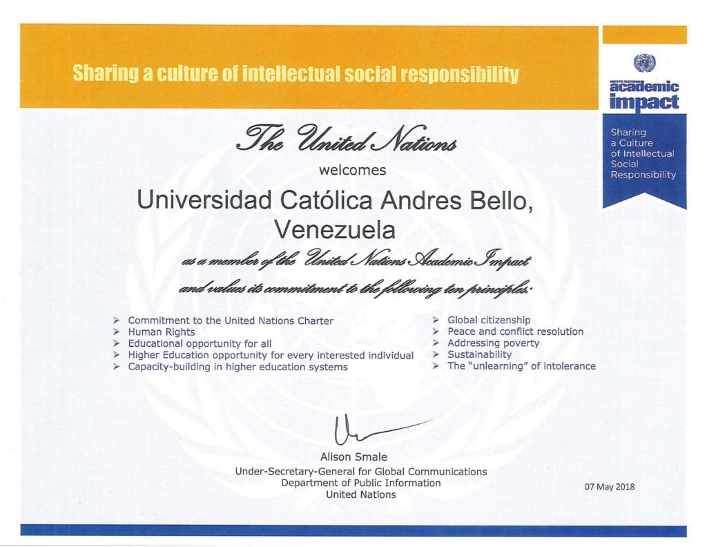 enlaucab's tweet image. La UCAB se convirtió en la primera universidad venezolana en ser incorporada al grupo de más de 1000 instituciones en 120 países que trabajan junto a la ONU en la promoción de asuntos de prioridad global como los derechos humanos ow.ly/5etz30kprSU