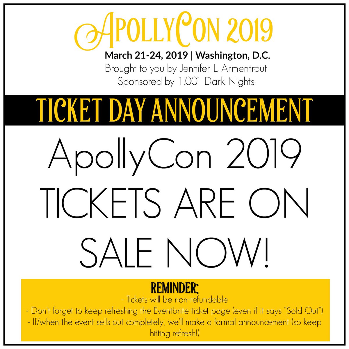 JLArmentrout's tweet photo. Tickets for 2019 ApollyCon are on sale now!
CLICK HERE: https://t.co/zzPq59GwbI
As a reminder: If/when tickets sell out, we'll make a formal announcement via the ApollyCon page! (So make sure to refresh, refresh, refresh because the system will get hung up with all the traffic!) https://t.co/ZidW4UPDze