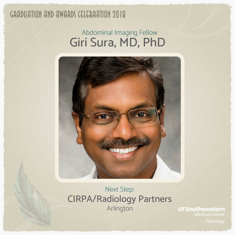 UTSW_Radiology's tweet image. We congratulate Giri Sura for successfully completing his advanced training in Abdominal Imaging at UT Southwestern. #utsw #RADgrad2018