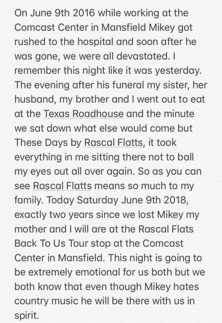 xoJustBelieve's tweet photo. @rascalflatts tonight is the night #BackToUsTour #Memories #EmotionalNight 

I miss you so much Mikey !! https://t.co/HFFpM3wxy7