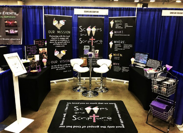 karisarountree's tweet photo. Getting our booth ready for the Southern Baptist Convention! So excited Scoops is a part of it this year! If you’re in Dallas, stop on by! We have some fun prizes we are giving away!🍦💜📖 #sbcam18 #scoopsandscripture https://t.co/SGchj558sS