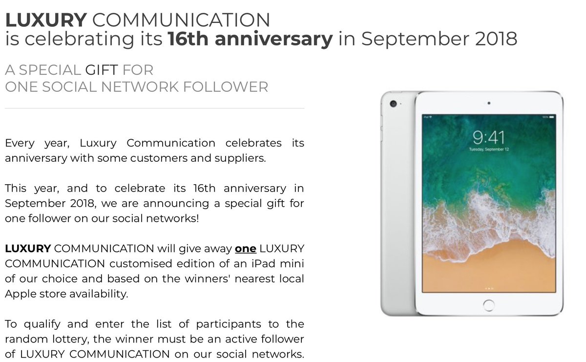 LUXCOM's tweet photo. LUXURY COMMUNICATION’s 16th anniversary is in September 2018.
We give away the ONE and only iPad mini customized version for @LUXCOM . To participate to the draw, like and follow our social networks and check applicable conditions at https://t.co/NF9UFJc8yC https://t.co/89mXhsyLRH