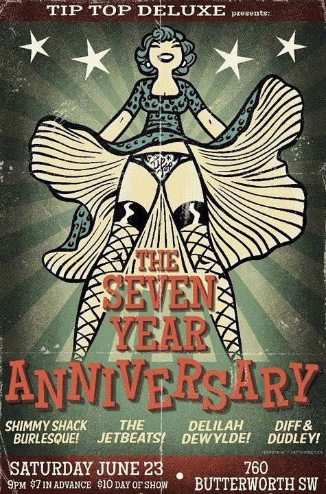 Join us as we celebrate <a href="/Tip_Top_Deluxe/">Tip Top Deluxe</a>’s 7 year anniversary with special burlesque appearances by <a href="/GurlHaggard/">Gurl Haggard 💫❤️‍🔥🪐</a> (Indianapolis) and <a href="/MissAudacious/">Vivacious Miss Audacious</a>!