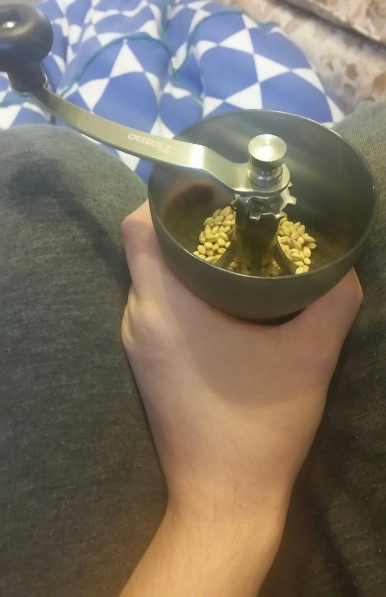 wereoctopus's tweet image. Inspired by @Sayraphim to make viking bread.

Turns out coffee grinders are an effective and readily available way to hand-grind pearl barley into flour. It's probably not as biomechanically optimal as a big stone mill but it gives a good sense of the effort needed to make bread.
