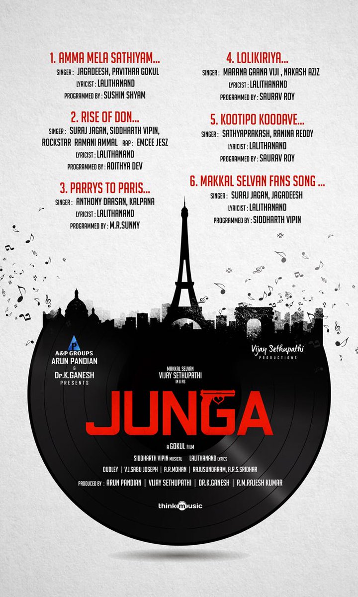citywritersoffl's tweet photo. #JungaTracklist is here!
 A @sidvipin Musical &amp; @lalithanandpoet Lyrical #JungaAudiofromJune13

@VijaySethuOffl @sayyeshaa @MadonnaSebast14 @DirectorGokul @dudlyraj @AandPgroups  @kav_pandian @vsp_productions @editorsabu @thinkmusicindia https://t.co/3tfvd71egB