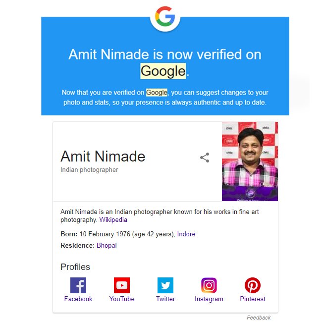 amitnimade's tweet image. After getting the #BlueTick from #Facebook (Verified)
.
facebook.com/amitnimade
.
.
Now, The #Internet Giant, #Google has also Verified me.
.
g.co/kgs/b9G492
.
.
The greatest achievement for me, being a #photographer, is when the Search Giant verified me.
.
Thank you all.