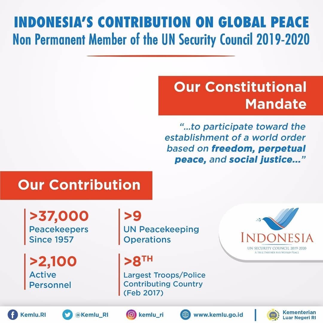 IndonesiainIsb's tweet photo. Indonesia elected to Non-Permanent Member of the United Nations Security Council 2019-2020. Read our commitments as member of the UNSC though the infographics bellow. As #ATruePartner4Peace Indonesia will work together with the UN to maintain international peace and security. https://t.co/cTLDrAtQ1G