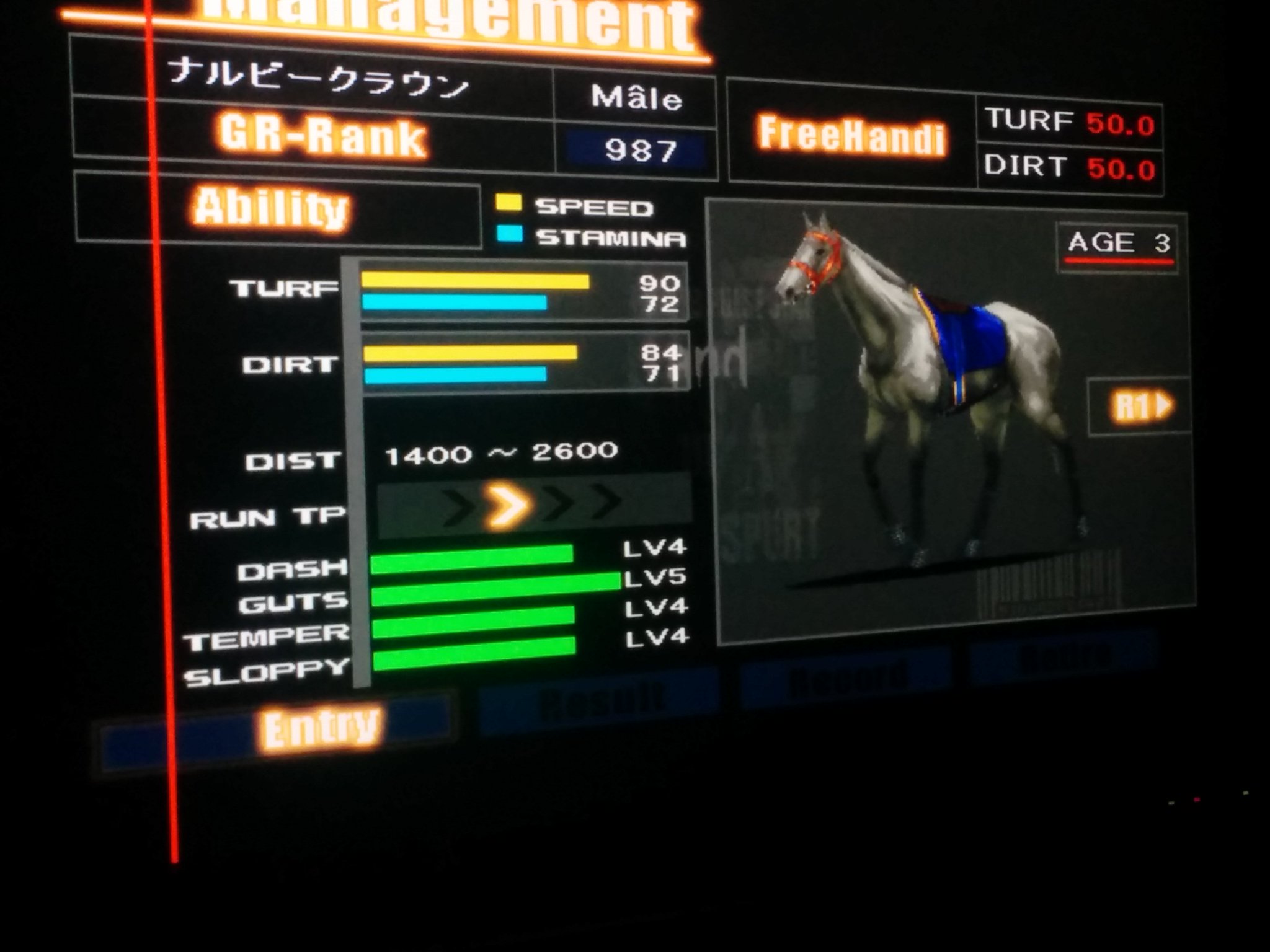 おんすろーと ウマ娘の キンイロリョテイ の実馬は ステイゴールド なのだけれど これを見ているとギャロップレーサー2の ナルビークラウン を思い出す オグリキャップの母は ホワイトナルビー 父は ダンシングキャップ なので 帽子