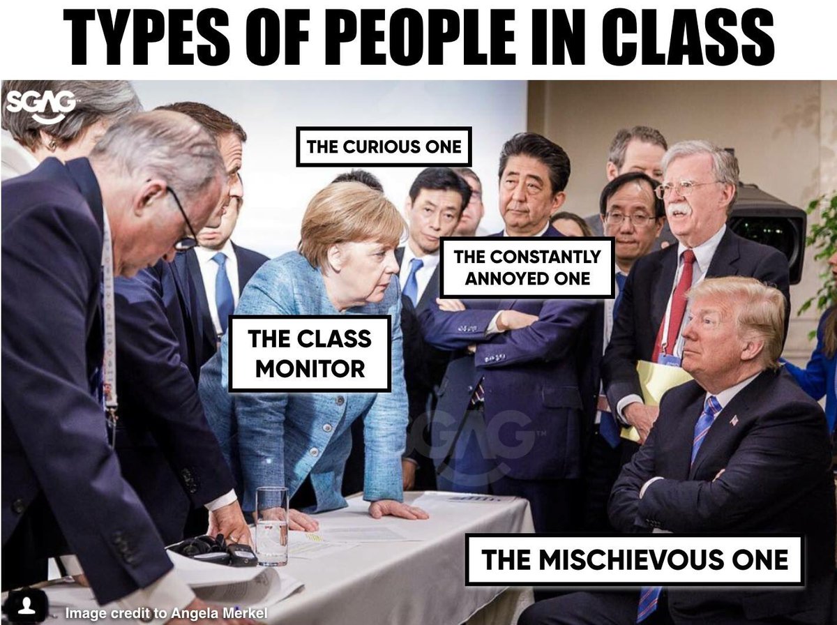 SGAG_SG's tweet photo. This photo taken on the 2nd day of the G7 summit really sums up the different personalities in a classroom very nicely!!! https://t.co/oP6gvftP7w