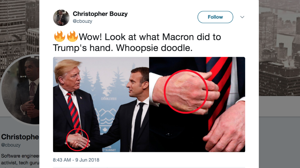 thehill's tweet photo. Photo of intense Trump-Macron handshake goes viral https://t.co/gtdUblNfPQ https://t.co/ShrHGCsOUC