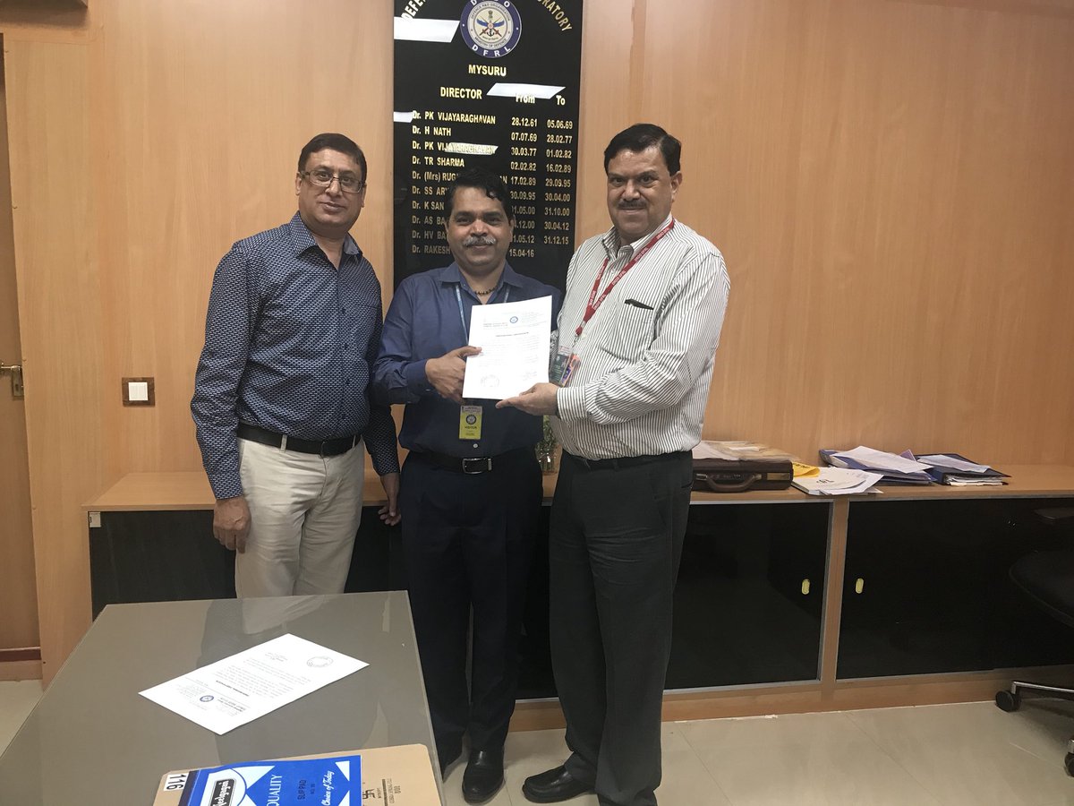 pushpakprakash's tweet photo. We received the technology transfer certificate from Dr R K Sharma  Director &amp; Dr.Anil D Semwal DFRL-DRDO. It is an excellent experience and stepping stone to serve our national armed force.
We are starting  trial production at our bidadi plant with the help of DFRL DRDO team. https://t.co/zmDOn5vqt6