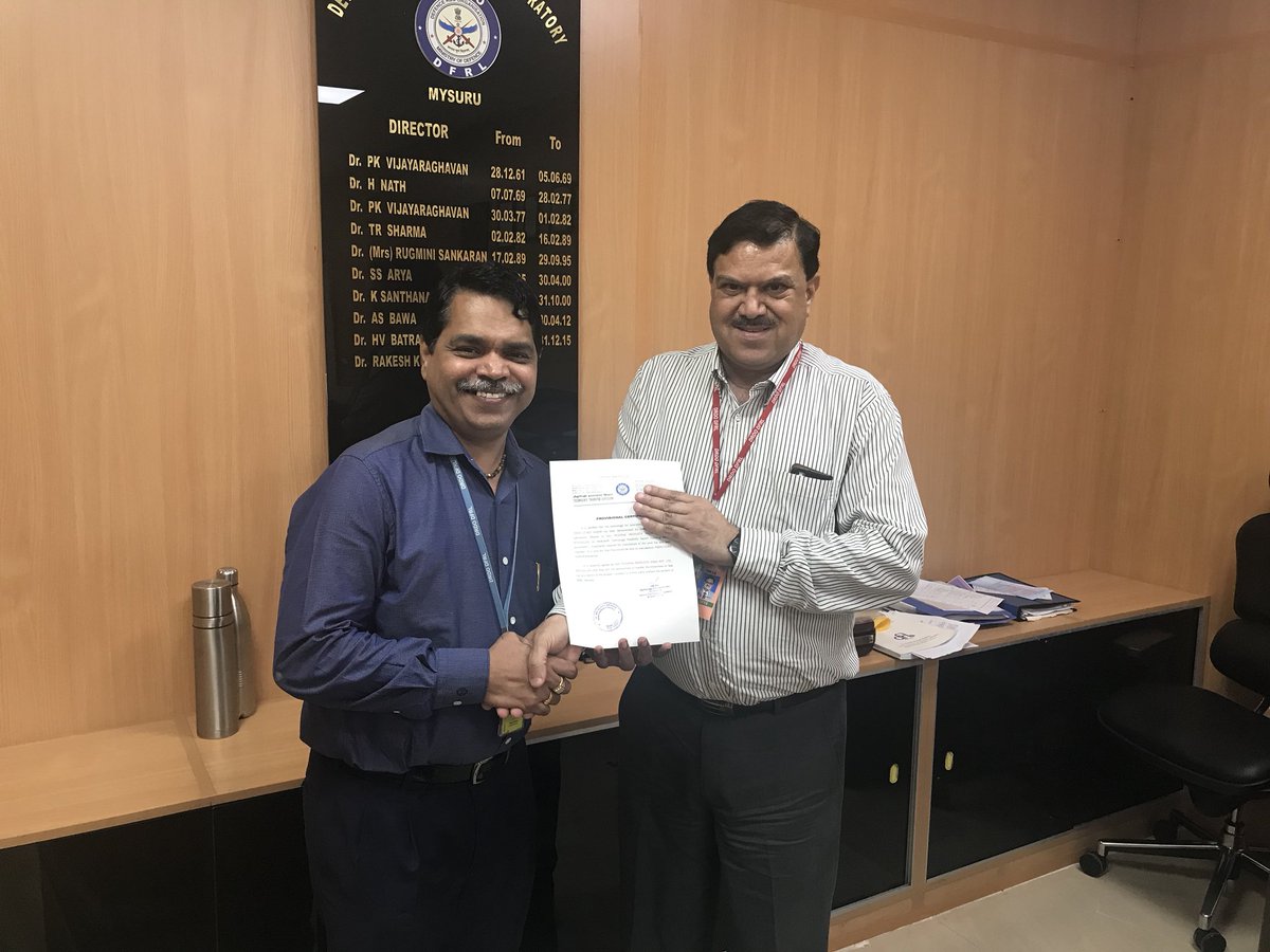 pushpakprakash's tweet photo. We received the technology transfer certificate from Dr R K Sharma  Director &amp; Dr.Anil D Semwal DFRL-DRDO. It is an excellent experience and stepping stone to serve our national armed force.
We are starting  trial production at our bidadi plant with the help of DFRL DRDO team. https://t.co/zmDOn5vqt6