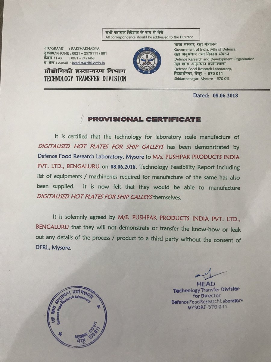 pushpakprakash's tweet photo. We received the technology transfer certificate from Dr R K Sharma  Director &amp; Dr.Anil D Semwal DFRL-DRDO. It is an excellent experience and stepping stone to serve our national armed force.
We are starting  trial production at our bidadi plant with the help of DFRL DRDO team. https://t.co/zmDOn5vqt6