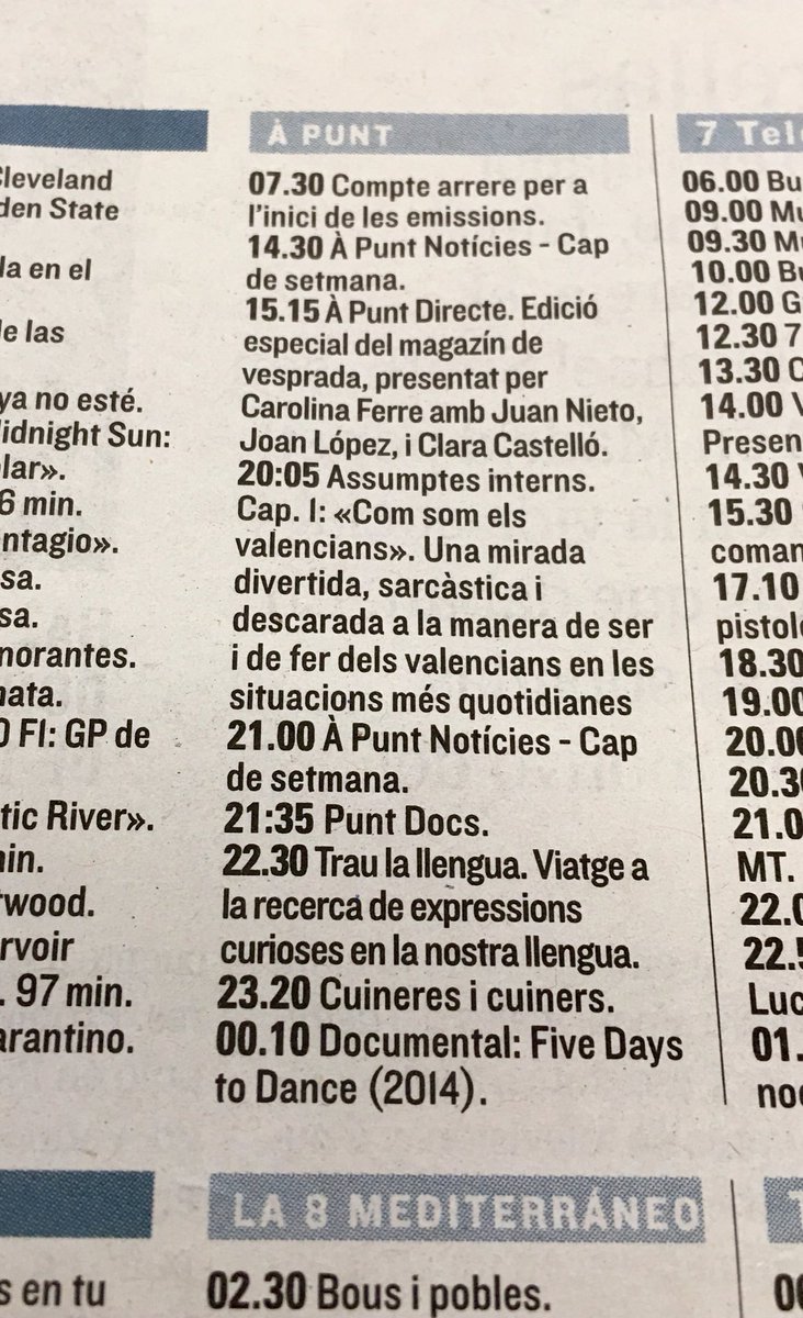 deshabitat's tweet photo. Quan obris el diari per les pàgines de televisió i veus ⁦@apunt_media⁩. La primera graella del primer dia de molts! #comencemÀPunt https://t.co/nYCsbsOhJb