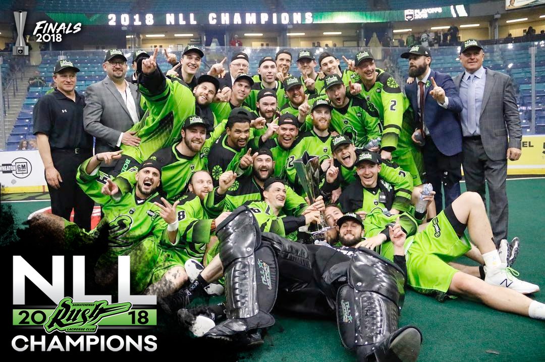 NLL's tweet image. Congratulations to the 2017-18 #NLLFinals Champions, @SaskRushLAX! #NLL #NLLCup