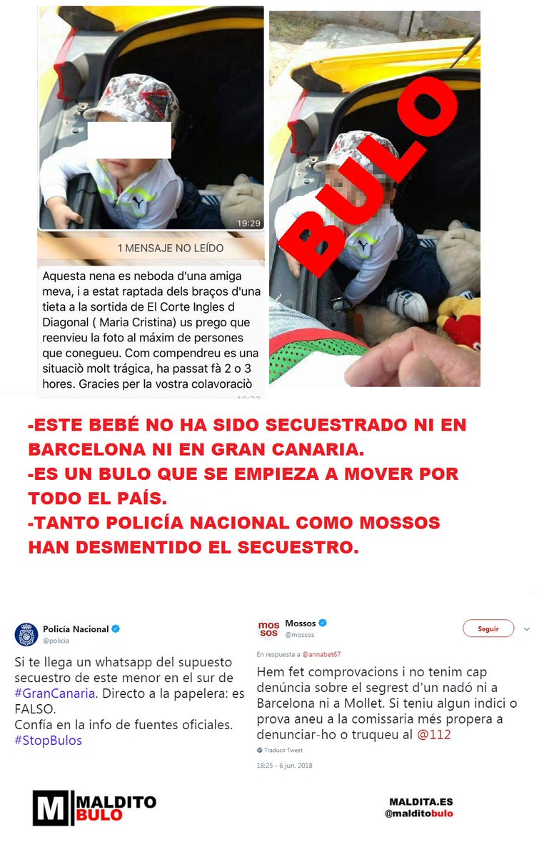 malditobulo's tweet photo. No.

Este bebé no ha sido secuestrado ni en Mazarrón,  ni en Barcelona, ni en Gran Canaria...

El bulo está corriendo ya por muchos otros lugares del país.

Ha sido desmentido por @policia y @mossos 

Ayudad a difundir maldit@s ⚠⚠⚠ https://t.co/Xn00w0J9dC