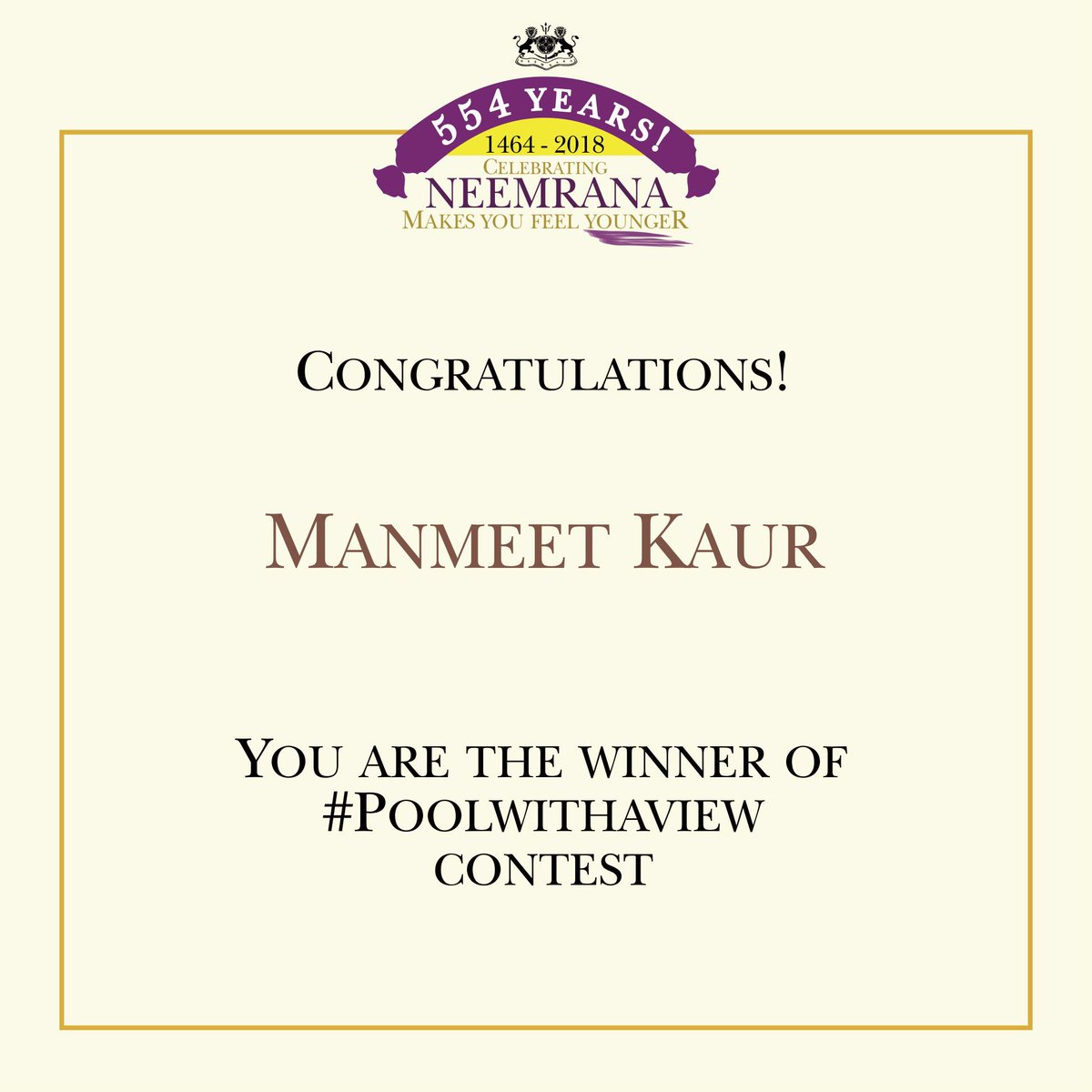Neemrana_Hotels's tweet photo. A big Congratulations to #ManmeetKaur for winning #PoolWithAView Contest.
#Contest #Winner #NeemranHotels #HeritageHotels #PoolsofNeemrana #BoutiqueHotels #ContestWinner #happysunday https://t.co/XA8x856Av7