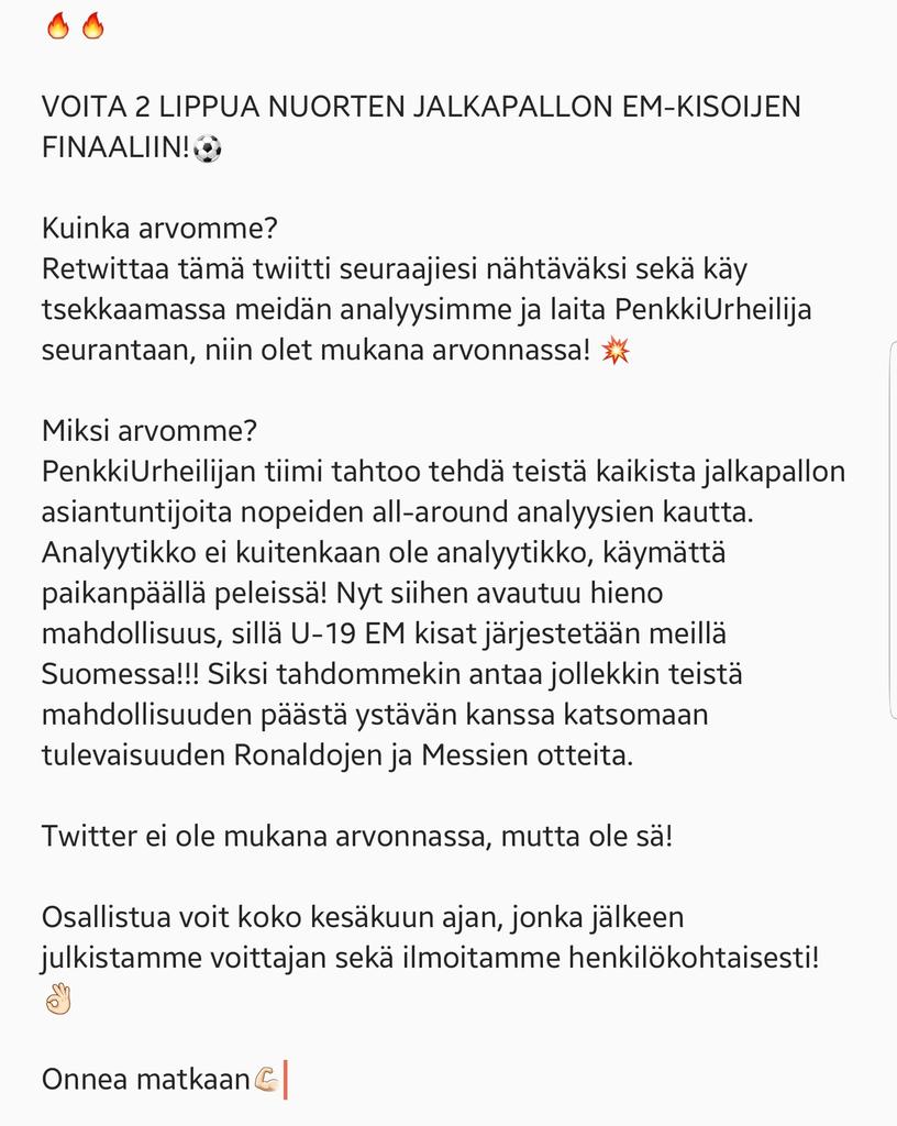 UrheilijaPenkki's tweet photo. NYT HUUDETAAN!!! Tsekkaa ohjeet ja voita itsellesi ja ystävällesi, puolisollesi, työkaverillesi tai vaikka anopillesi liput jalkapallon U-19 EM-kisojen FINAALIIN! Suomella on vieläpä kasassa kaikkien aikojen joukkue! #pikkuhuuhkajat #U19EM #MMfutis https://t.co/OpJMHSnhpf