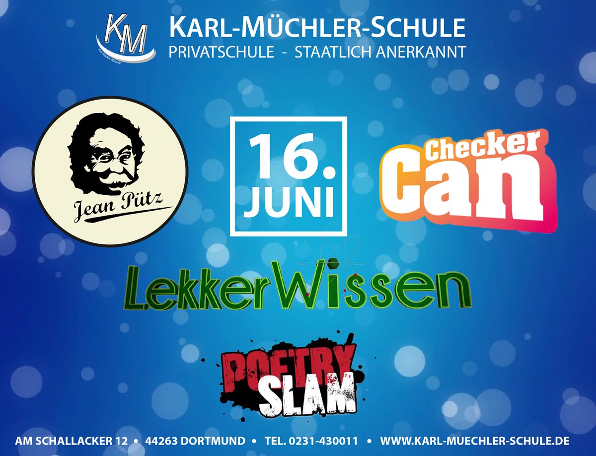 KMSchule's tweet photo. Jubiläumsfest / Tag der offenen Tür am 16.06.2018 
Infos auf unserer Webseite oder auf unserer Facebookseite 
#privatschule #dortmund #hoerde #sommerfest #schulfest #tagderoffenentür #privatschulfest #ninamoghaddam #checkercan #jeanpütz #lekkerwissen #youtube #poetryslam https://t.co/VNDpvWTVOe