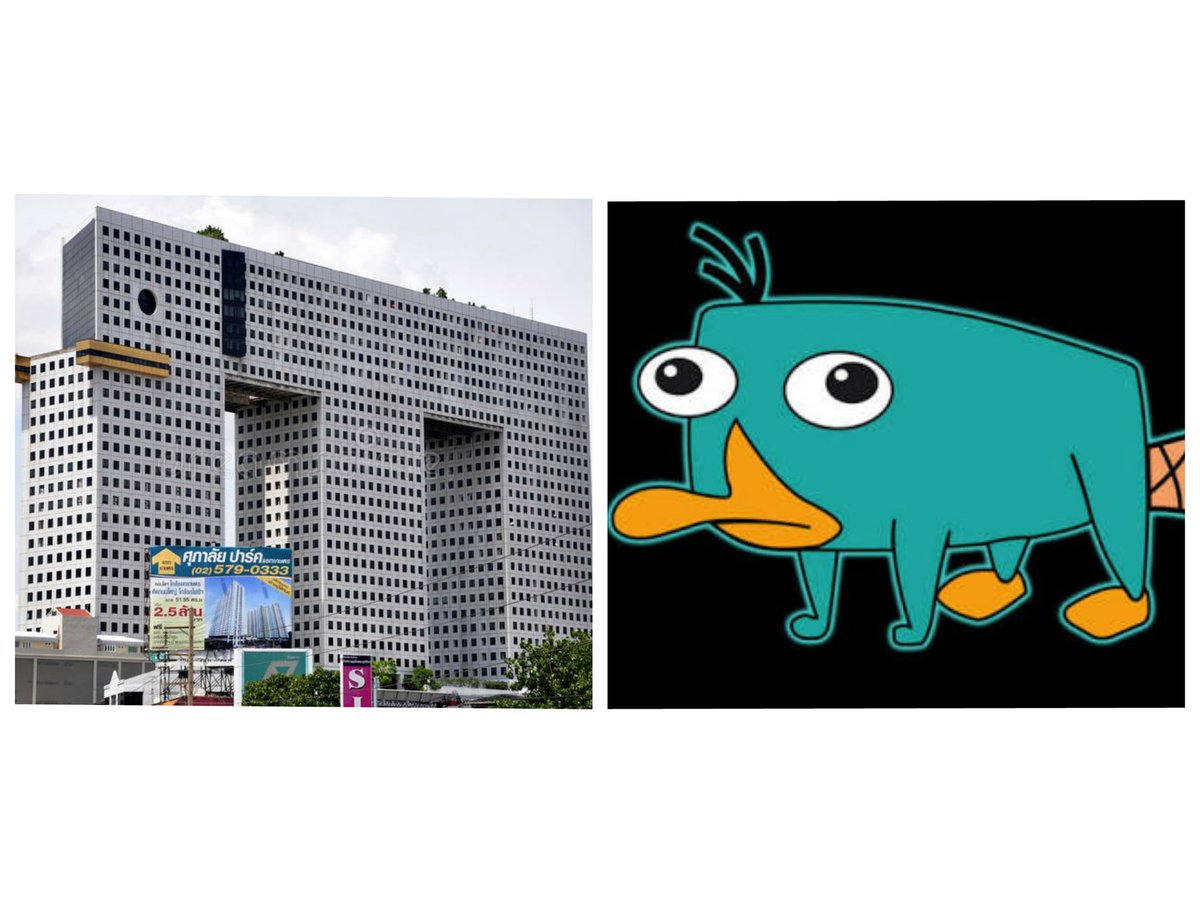 Tai_little's tweet photo. ทำไมกูเห็นว่าตึกช้างเหมือนแพร์รี่ตุ่นปากเป็ด ในการตูน Phineas and Ferb ว่ะ https://t.co/kFDHWmhX0a