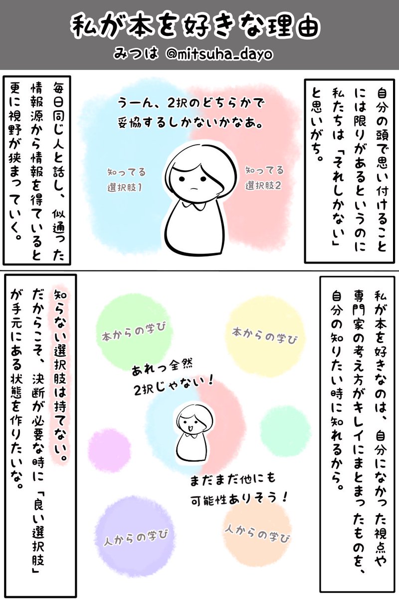 何かに行き詰まった時、本が解決してくれることがよくあります。

知らない選択肢は持てない。新しい視点をくれるのは本と人。

良い決断をしたいから、狭い視野をもっと広げたいからこそ、学ぶ時間を失くさないようにしたいな。… 