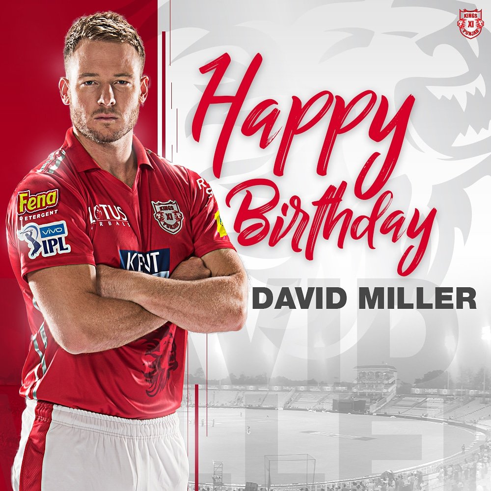 PunjabKingsIPL's tweet photo. Here's wishing the star batsman, @DavidMillerSA12 a very happy birthday. ����

#LivePunjabiPlayPunjabi #KXIP https://t.co/1f5oQdtf24