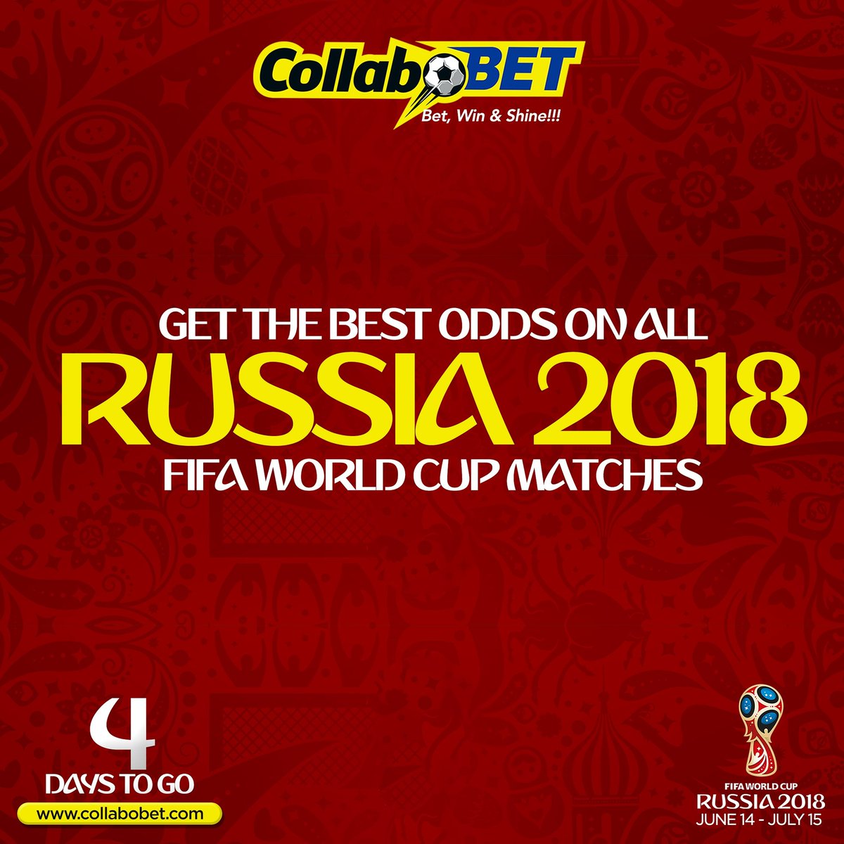 CollaboBet's tweet photo. ⚠ #MASSIVE #ODDS #SEASON ⚠
#COUNTDOWN TO #fifaworldcup #4daystogo #russia2018⚽ #russia2018fifaworldcup
.
#collabobet #bet #win #shine #sports #betting #football #sportsbetting #9ja
.
Ff @collabobet & SignUp 👉 https://t.co/NNf1brJULy 4 #bestodds #FastestPayout #highestbonus https://t.co/2daZOJWECG