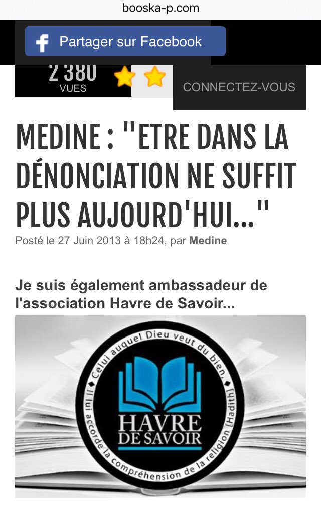 P_Vardon's tweet photo. Médine se réclame ambassadeur du site islamiste « Havre de savoir », sur lequel on peut lire des doutes sur la culpabilité de Merah, la défense du leader islamiste Qaradawi lors de son interdiction d’entrée en France, etc. etc.
> https://t.co/GoCLCcOacm #PasDeMedineAuBataclan https://t.co/mO1tt7zw5W