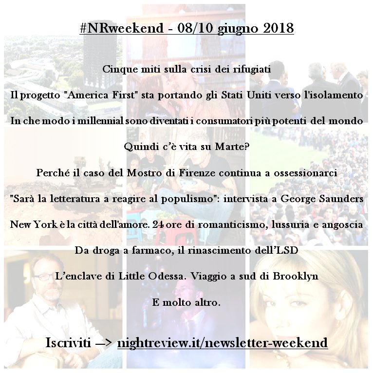 night_review's tweet photo. Di cosa parlano le #longreads dall'Italia e dal mondo selezionate per la nostra Newsletter #NRweekend?
Per riceverla ci si iscrive qui: https://t.co/uBAXYv2Wxb
È sempre gratis. E se lo siete già, suggeritela agli amici. Li farete contenti. https://t.co/T9f0LGfczL