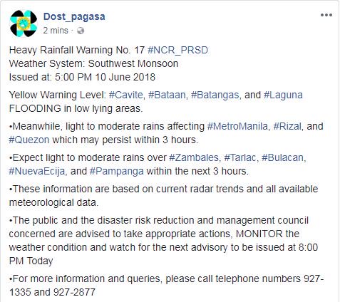 dzrhnews's tweet photo. Yellow warning level, nakataas sa Cavite, Bataan, Batangas at Laguna | via @dost_pagasa https://t.co/8w3k3Mp7cM