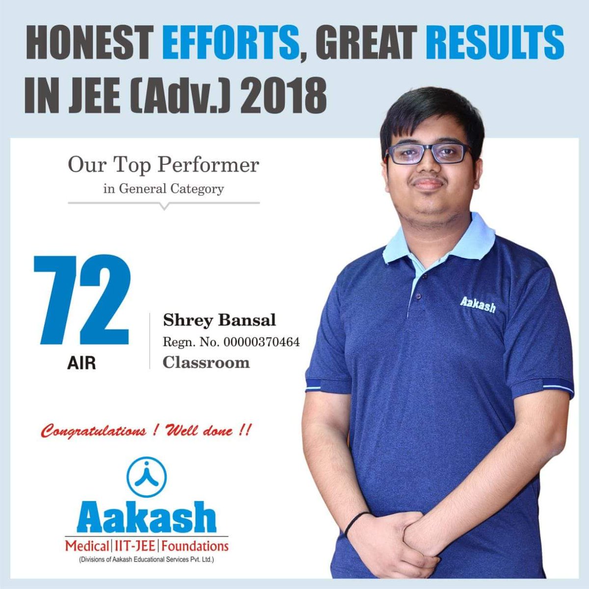 Aakash Education on X: Another feather in the cap! Aakashian Shrey Bansal  has secured AIR 72 in JEE Advanced 2018. We congratulate him for his  success. #JEEAdvanced2018 https://t.co/UI7wgcsJ75 / X