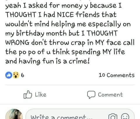 Itsher11's tweet photo. Facebook friends post #1..

Hey, it's my b-d month also. So all my NICE friends should give me $ because duh..I was born in June and I'm entitled to it. https://t.co/tl7oLIGtIc