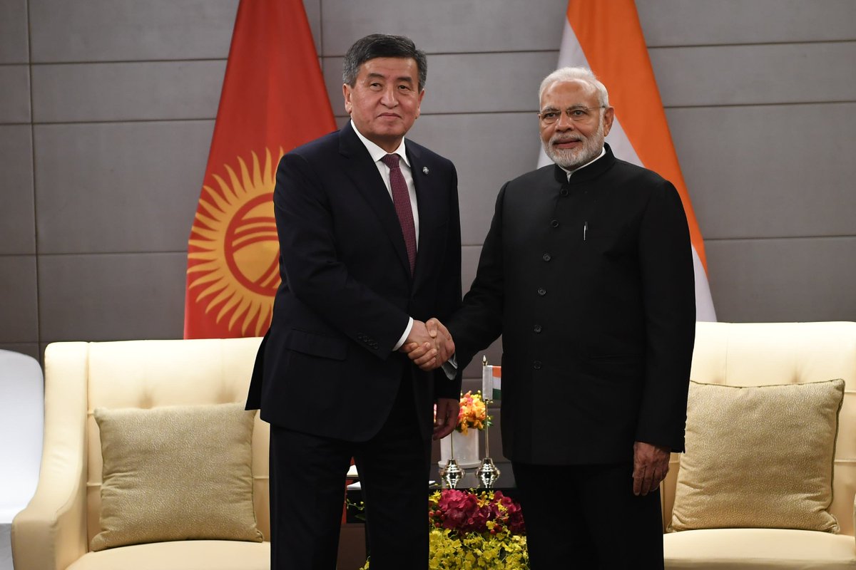 narendramodi's tweet photo. Glad to have met the President of Kyrgyzstan, Mr. Sooronbay Jeenbekov. We deliberated on ways to add strength to our vibrant bilateral partnership. https://t.co/ZJNkmrXR13