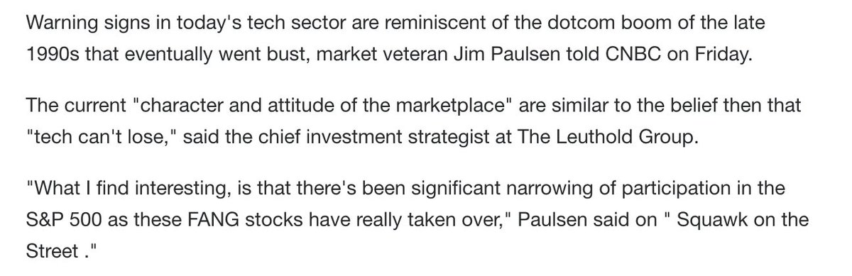 YahooFinance's tweet photo. The tech sector now is reminiscent of the 1990s dotcom bubble: Wall Street's Jim Paulsen https://t.co/ipzVjleYb7 via @CNBC https://t.co/ll7VbGTtej