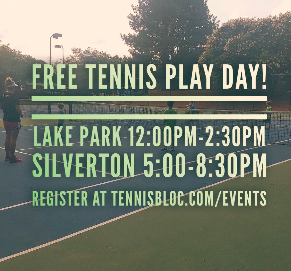 Good morning!! We’re excited to see you all on the courts at our FREE TENNIS PLAY DAY today at our Lake Park location 12:00pm-2:30pm and our Silverton location 5:00pm-8:30pm!! Register at Tennisbloc.com/events to get in on the action!! 🎾🎾🎾🎾