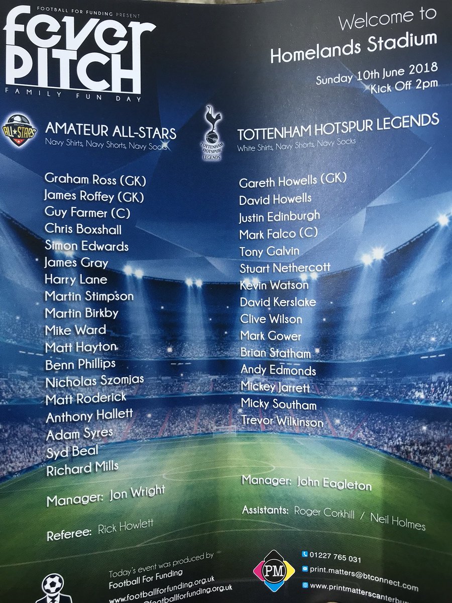AshfrdCavaliers's tweet photo. Cavaliers’ @whu84 &amp; @wardie002 set to line-up for Amateur All-Stars against @SpursOfficial Legends at @HomelandsPark today, part of the ‘Fever Pitch’ family fun day, in aid of @TwinklingStarsP (k.o 2pm). https://t.co/FT8p778hOK