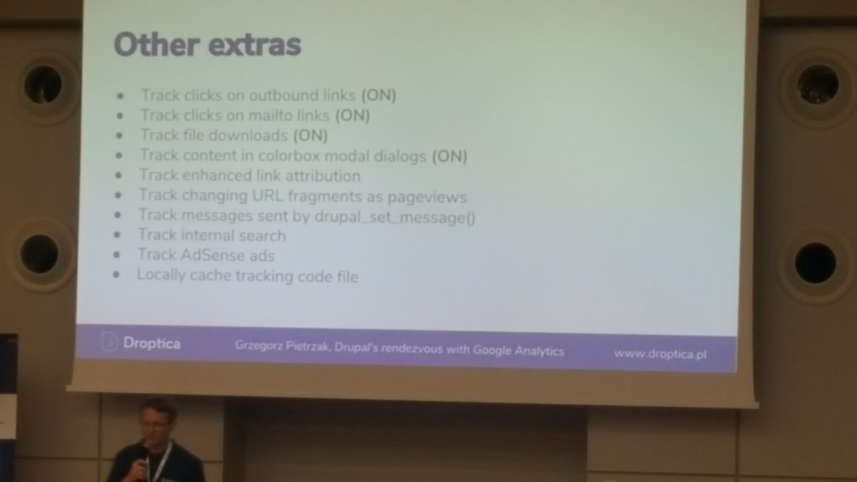MaciejLukianski's tweet photo. What can be done with Google Analytics in #drupal by Grzegorz Pietrzak at #dc18pl #DrupalCamp https://t.co/jcOJv6xp88