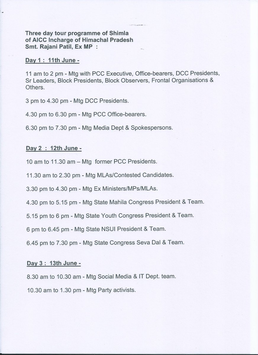 rajanipatil_in's tweet photo. After seeking blessings of our leader Shri @RahulGandhi ji yesterday, am looking forward to meet Leaders &amp; Members of @INCHimachal family in Shimla, on my first visit to the State as @INCIndia State Incharge, as per the following programme. https://t.co/SB6xEkApff