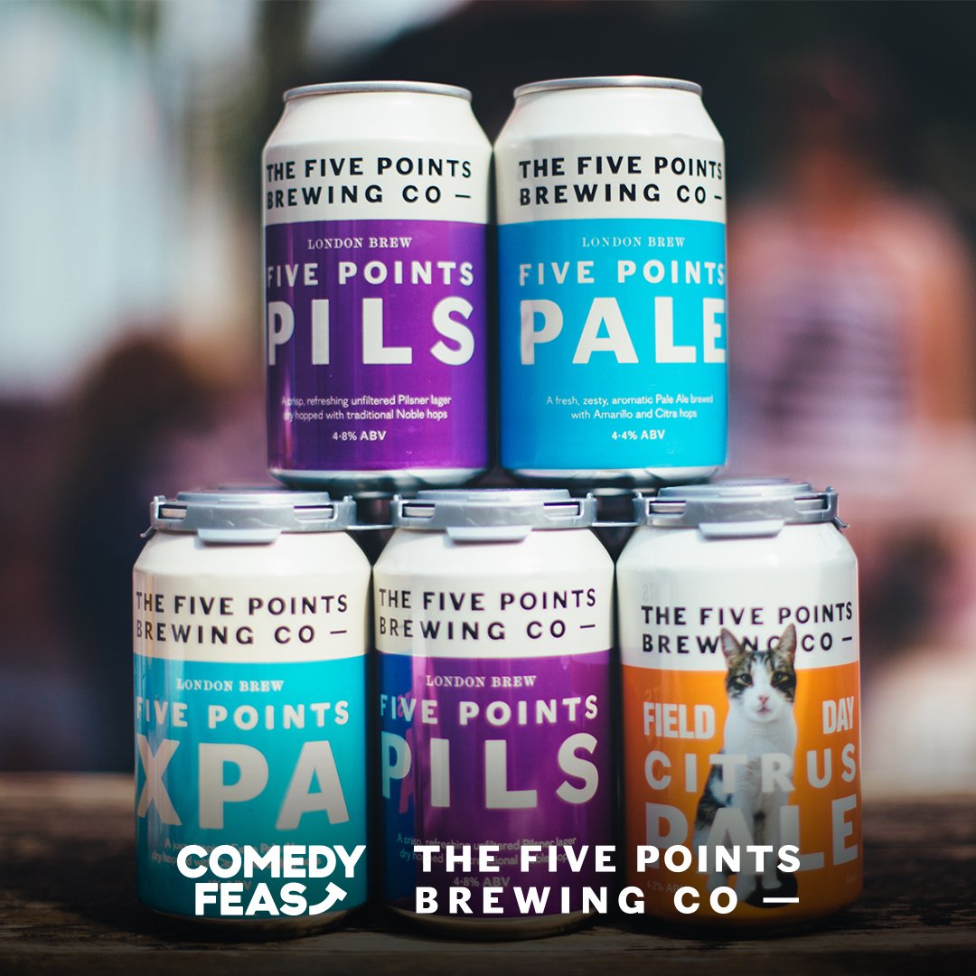 comedyfeastuk's tweet photo. We’ve partnered with the incredible @FivePointsBrew to serve up a selection of their East London brewed craft beers. You can find the Five Points Pils, a crisp and refreshing unfiltered Pilsner lager and their Five Points XPA, a light, tropical Extra Pale Ale. 😋🍺 https://t.co/OJP3oCY3VE