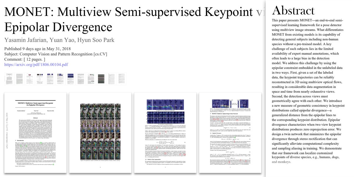 arxivtrends's tweet image. ๐ค MONET: Multiview Semi-supervised Keypoint via Epipolar Divergence
โ๏ธ Yasamin Jafarian et al.
๐ arxiv.org/pdf/1806.00104โฆ
๐ Tweeted by @quantombone et al.
#ComputerVisionandPatternRecognition #csCV