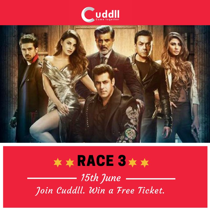 cuddllapp's tweet photo. Watch Race 3 with Cuddll on 15th June 

Click here to win a free ticket
Mumbai - https://t.co/Qer2jUugd8
Delhi - https://t.co/2niTbU5suA
Banglore - https://t.co/VBmwcgRcau

#Movie #Race3 #SalmanKhan #AnilKapoor #Win #freeticket #Cuddll #ComeTogether https://t.co/iQBTkQkf6a