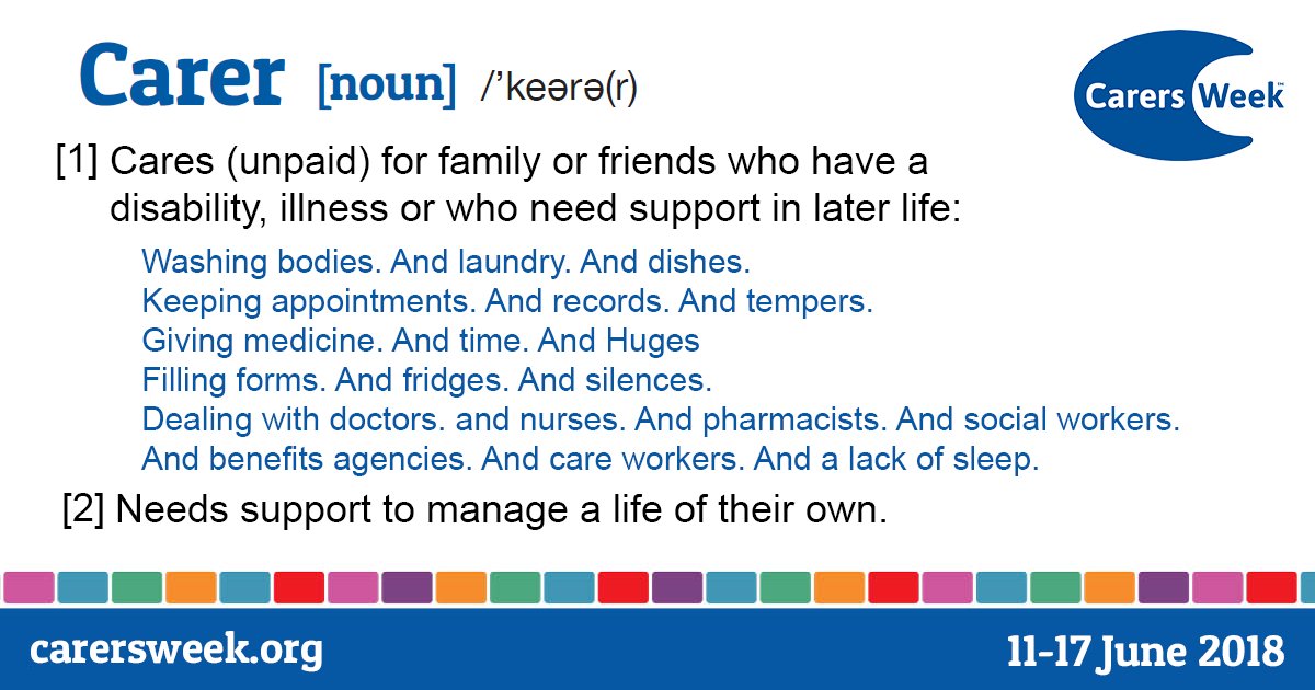 CarersUK's tweet photo. It's #CarersWeek - a time to recognise and support the enormous contribution that the UK's 6.5 million unpaid #carers make every day to their family, friends and communities https://t.co/xkBOtZqH7e