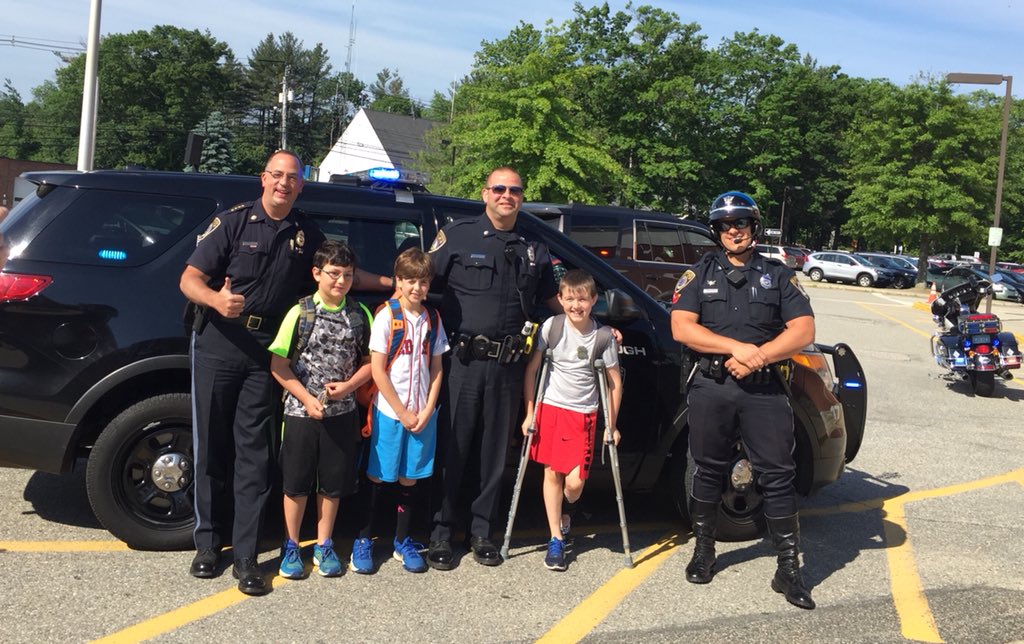 On Friday, the winners of the Blanchard Memorial School’s annual cruiser ride to school raffle received their prizes!  Chief Ryder and Patrolmen Fagundes and Arakelian escorted Ben Hollett, Billy Barrett and Will Davis (L-R) from their homes to school <a href="/BlanchardMem/">Blanchard Memorial</a>