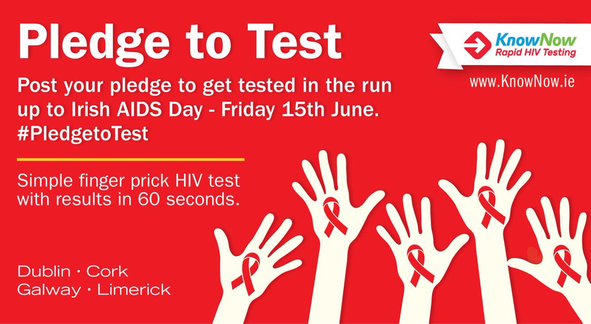 KnowNowIE's tweet photo. Irish AIDS Day is Friday 15th of June - We're encouraging all of our followers to #PledgeToTest this week with free rapid HIV tests available from KnowNow. Ask your friends and followers to do the same by tweeting your #PledgeToTest. https://t.co/TE6wITNCS4 https://t.co/DxUdjrbSQX